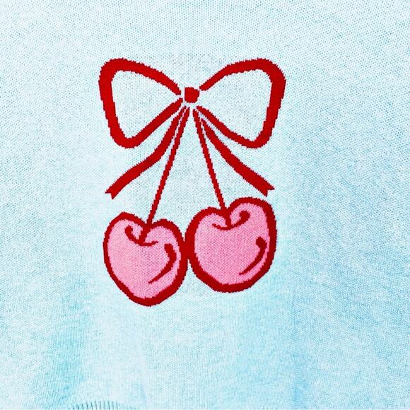 ๐ 3/$10 ๐ No Boundaries Cherry Design Sweater Light Blue Red Size Small - Picture 4 of 13